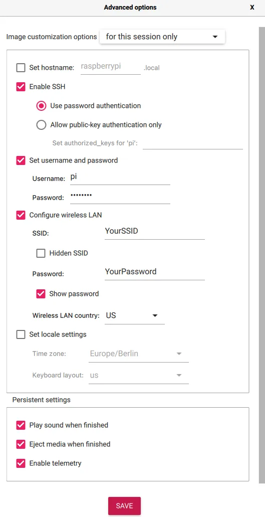 Raspberry Pi Imager Advanced Settings